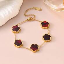 1 件时尚优雅复古百搭花卉钛钢幸运五瓣花手链，双面贝母三叶草五叶不锈钢手链 - 紅色 - 查看 6