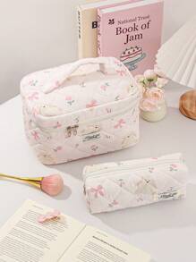 1 Peça/Conjunto Bolsa de Maquiagem Grande com Capacidade Rosa com Coelho e Laço, Bolsa de Cosméticos de Viagem para Estudantes do Ensino Médio, Universitários, Trabalhadores de Escritório, Estilo Doce, Conjunto de Bolsas de Cosméticos Adequado como Presentes de Casamento, Presentes de Formatura, Presentes de Aniversário, Presentes do Dia das Mães, Bolsa Acolchoada com Estampa Floral para Decoração Doméstica, Decoração de Casamento, Bolsa com Zíper e Alça para Viagem, Essenciais de Viagem, Férias, Verão, Volta às Aulas, Material Escolar, Bolsa para Mulheres, Bolsa de Maquiagem para Viagem