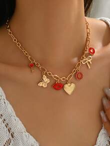 1pc Summer Sweet Charm Collocation Pendant Necklace, Alloy Heart & Crystal Butterfly Flower Pendant Necklace, Versatile For Daily, Date Party Wear - Multicolor - View 2