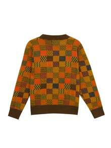 Knit Mix 优雅女士时尚格子针织毛衣，宽松圆领长袖套头衫，适合圣诞节、感恩节、新年、休闲场合穿着，随机图案设计，也适合返校季和秋冬季节穿着。 - 彩色 - 查看 3