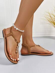 新款春夏时尚女士拖鞋，时尚休闲罗马风格一脚蹬凉鞋，颜色有黑色、米色、棕色；纯色编织舒适沙滩凉鞋；博主推荐厚底凉鞋；夏季沙滩鞋；优雅扣环低跟圆头拖鞋；防臭防滑面料串珠装饰简约户外拖鞋；百搭平底一脚蹬女士平底凉鞋 - 棕色 - 查看 5