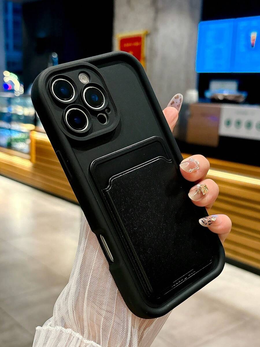 1pc Card Holder Design Phone Case, Solid Color, Anti-Drop Full Cover Lens Protection, Elegant Smartphone Case Compatible With Samsung Galaxy And Compatible With IPhone Models Waterproof Shockproof Scratch Resistant