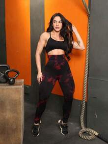 Tie Dye Yoga Leggings, Seamless Butt Lifting Leggings. - Black W/red - View 1