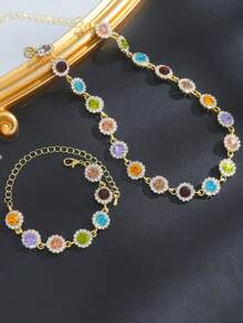 2pcs Fashionable Minimalist Colorful Cubic Zirconia Rhinestone Necklace And Bracelet Jewelry Set, Versatile For Dating, Party, Anniversary, Birthday, Valentine's Day Gift For Women,Mom,Mother,Mother's Day,Gift - Gold - View 2
