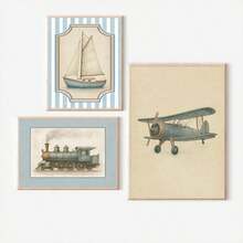 航海主题婴儿房墙面装饰套装 - 1 件复古交通主题艺术品，包含做旧蓝色帆船/蒸汽火车/双翼飞机图案（婴儿房艺术画廊）。复古交通装饰画，帆船主题婴儿房艺术品，蒸汽火车主题墙面装饰，双翼飞机主题婴儿房装饰。 - 彩色 - 查看 1