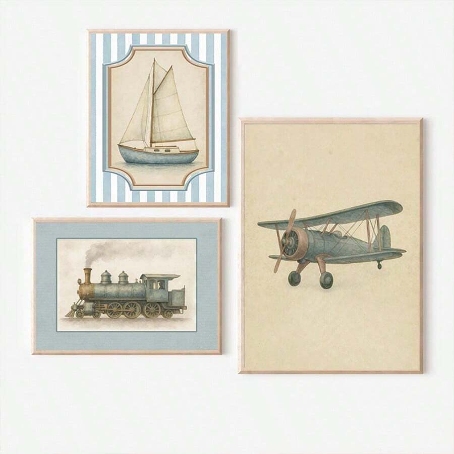 航海主题婴儿房墙面装饰套装 - 1 件复古交通主题艺术品，包含做旧蓝色帆船/蒸汽火车/双翼飞机图案（婴儿房艺术画廊）。复古交通装饰画，帆船主题婴儿房艺术品，蒸汽火车主题墙面装饰，双翼飞机主题婴儿房装饰。 - 彩色 - 查看 1