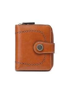 MIYIN 复古镂空对折女士钱包，时尚多功能短款钱包，拉链手拿包，便携商务休闲风格，带卡槽和拉链口袋，可装信用卡/身份证/现金，女士生日/周年纪念礼物 - 棕色 - 查看 3