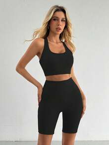 Büsten-verstärkender Bustier & hochgeschnittene formende Shorts, po-hebende Shorts, Campus Chic für Workouts und Straßenmode, Rückenfreies Trainings-Top mit konturierenden Shorts, nahtloser Übergang vom Studio in die Stadt, Brust-definierende Ausschnittpartie, hochgeschnittene Kompression, Rücken-akzentuierende Aussparungen, Workout-Bustier und Shorts, Damen Workout Zweiteiler - Schwarz - Übersicht 6