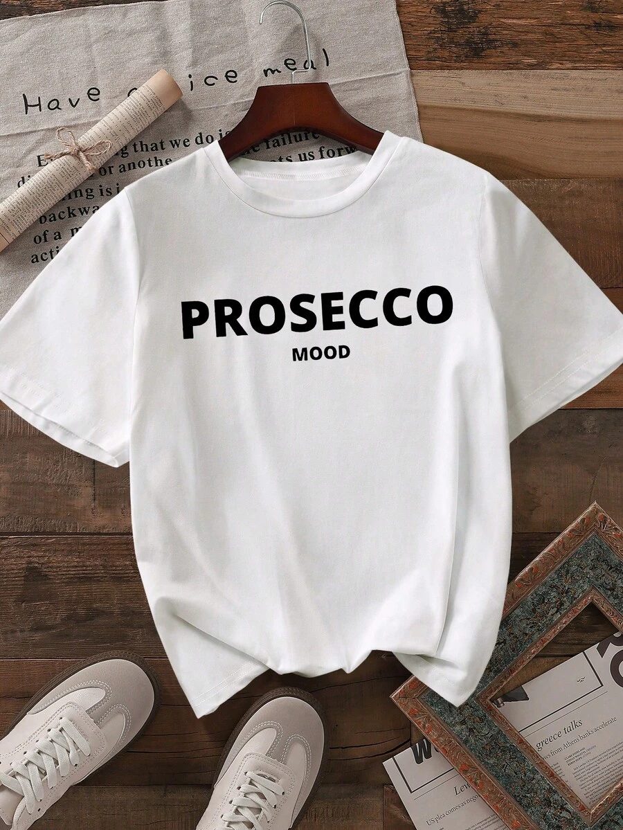 Howell Women'S Casual "Prosecco Mood" Letter Print T-Shirt, Round Neck, Regular Length - All Seasons Fashion Top - White - View 1
