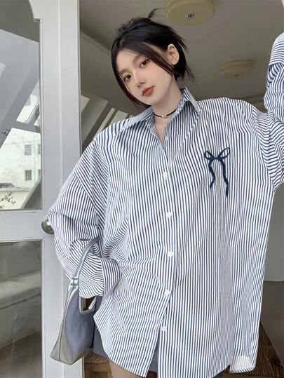 女式蓝白条纹领结衬衫，宽松轻薄长袖衬衫，秋冬