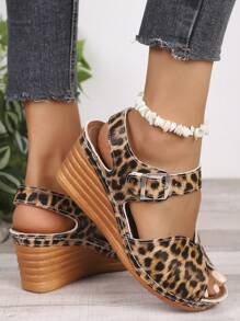 1 Par de Sandálias Plataforma Anabela Estampadas de Leopardo Impermeáveis, Estilo Verão Novo, Versátil para Adolescentes Meninas