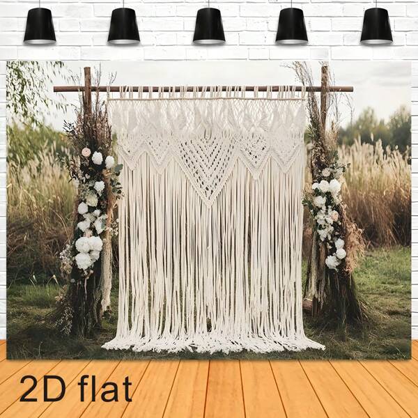 1 Stück 2D Boho Outdoor Hochzeit Thema beige Blumen handgemachter Quasten Muster Hintergrund Stoff für Outdoor Hochzeitsfeier Deko Banner Fotohintergrund Vinyl