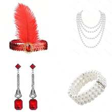 4 件套 1920 年代轻佻女郎头饰新娘婚礼派对发饰、头带、发夹、手套派对服装装饰女士万圣节 - 彩色 - 查看 11