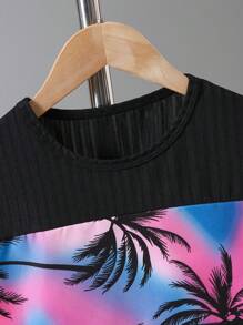 Tween Boy Colorblock Ribbed T-Shirt & Palm Tree Print Pocket Shorts 2 Pieces Set