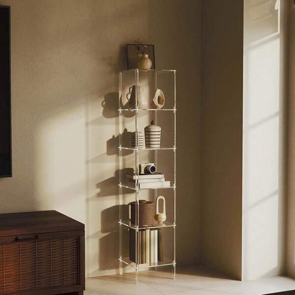 4-6 Tier Acrylic Transparent Bookshelf, Vertical Freestanding Corner Storage Rack Suitable For Living Room, Bedroom, Bathroom, Small Spaces