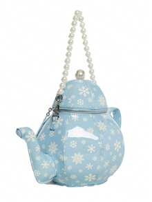 Sweet Girl Retro Lolita Pearl Chain Printed Teapot Handbag Creative Single Shoulder Crossbody Bag Personalized Handbag