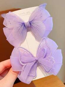 2pcs Teenage Mesh Butterfly Ribbon Hair Clips, Actual Item Packaging (Packaging Style Random) - Purple - View 2