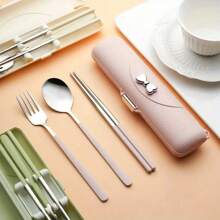 1pc Portable Bowknot Design Cutlery Set - 3pcs Stainless Steel Utensils With Plastic Handles, Including Spoon, Fork, Chopsticks And Storage Box - Stylish Travel Cutlery Set