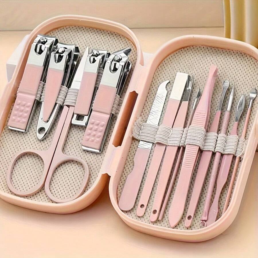 14pcs Pink, Blue, Green Nail Clipper Set For Home Use, Manicure Tools
