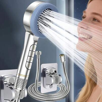 (Single Shower Head/3pcs Set) Home Use Filtered Pressurized 4-Setting ABS Shower Head With 1.5m Stainless Steel Hose And ABS No-Drill Shower Head Bracket Bathroom Bathroom Accessories Bathroom Tools