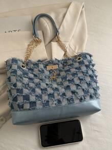 Denim Tote Bag For Women, 2020-2025 New Fashion Large Capacity One Shoulder Bag, Casual Commuter Bag With Frayed Edges