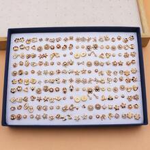 100 pares de pendientes de botón de plástico con cristales de color dorado en estilo de moda versátil y aleatorio, set con caja - Caja de oro y diamantes blancos - Ver 2