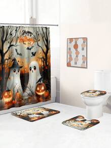 [Cadeau d'Halloween] 1 pièce/4 pièces Ensemble de décoration de rideau de douche d'Halloween | Beau cadeau moderne pour la maison avec 12 crochets de rideau de douche et 3 pièces de tapis de sol de toilette Rentrée des classes