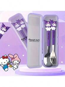 Sanrio (Authorized) Sanrio 2 Pieces Cute Cartoon Stainless Steel Portable Tableware Set, Children's Tableware, Student Outdoor Travel Spoon And Fork 2 Pieces Set, Suitable For Various Scenarios And Suitable For Various Festival Gifts(The Cutlery Box Can Be Disassembled Or Non Disassembled And Randomly Distributed),School Supplies