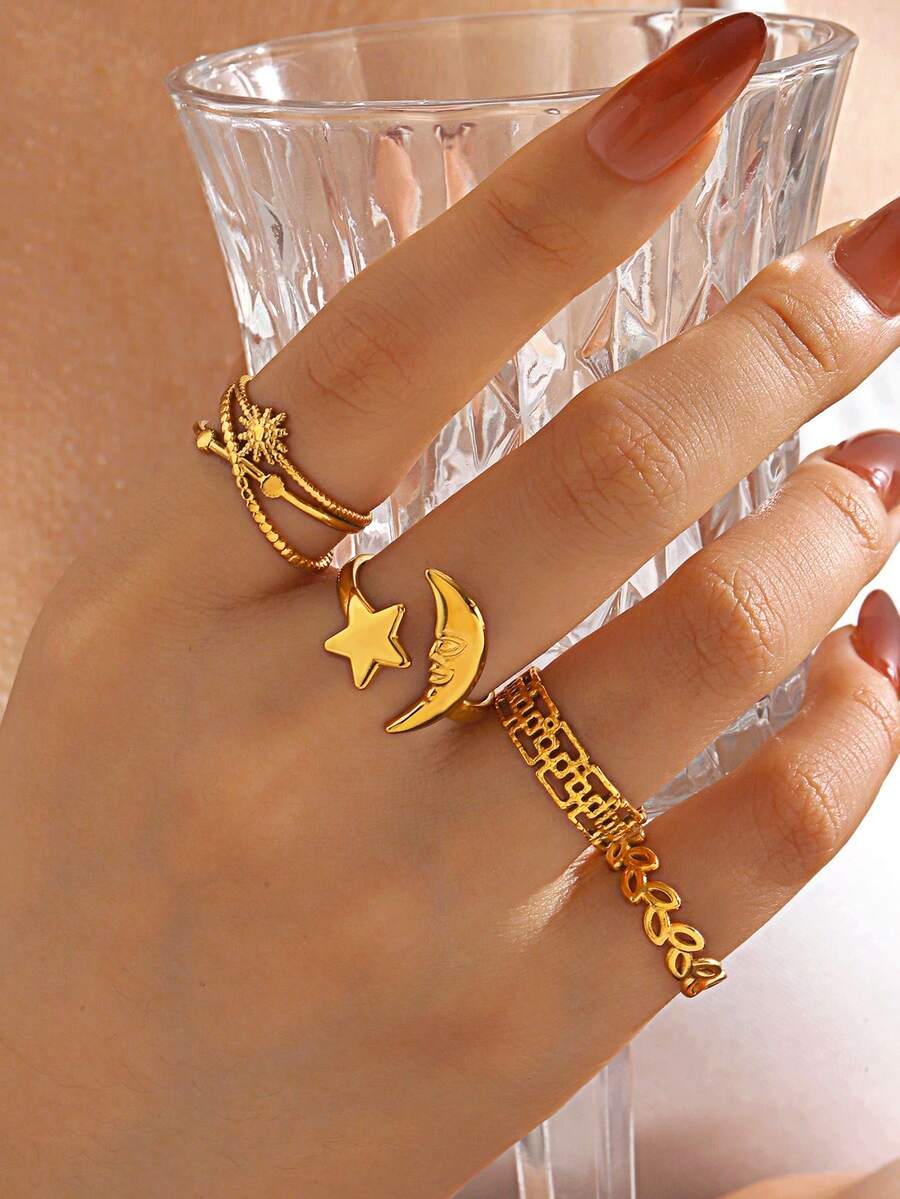 Bộ 4 nhẫn hở thời trang hình ngôi sao và mặt trời mạ vàng 18K bằng thép không gỉ, phù hợp để đeo hàng ngày cho phụ nữ - Vàng - Xem 1