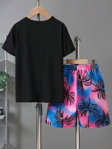 Tween Boy Colorblock Ribbed T-Shirt & Palm Tree Print Pocket Shorts 2 Pieces Set