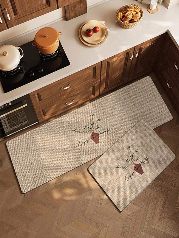 1 pieza Alfombra de cocina retro con patrón de planta verde, estilo simple, de gel de sílice absorbente y de secado rápido, con acolchado y antideslizante, para la cocina, sala de estar, baño, lavandería, para todo el año
