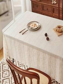 1pc Luxury Elegant French-Style & Japanese-Inspired Tassel Round Table Cloth, Fashionable High-End Modern Tablecloth For Coffee Table - White - View 1