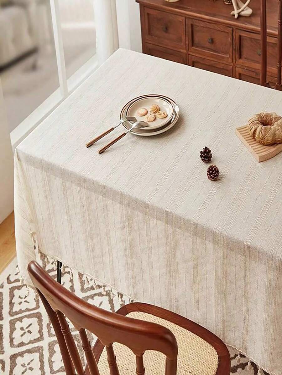 1pc Luxury Elegant French-Style & Japanese-Inspired Tassel Round Table Cloth, Fashionable High-End Modern Tablecloth For Coffee Table - White - View 1