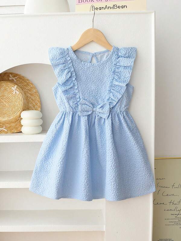 Young Girl Sweet Blue Bowknot Decor Ruffle Hem Dress, Summer