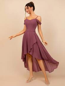 MOEVIO Women's Elegant Spaghetti Straps Chiffon High Low Cold Shoulder Midi Backless High Split Formal Bridesmaid Wedding Guest Evening Party Dress Spring Summer Vacation Homecoming Gathering Gown