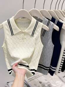 1件女士撞色领针织无袖背心，法式短款毛衣背心，带假领，杏仁色/驼色/黑白配色，适合圣诞装饰 - 韓版時尚百搭假領子 - 查看 10