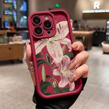 Vintage Floral Lily Pattern TPU Phone Case For IPhone 16 15 14 Pro Max 13 12 11 XR XS Plus Shockproof Drop Protection Rugged Durable Silicone Cover Cellphone Protective Flower Casing - 酒紅色 - 查看 2