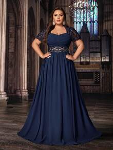 QOQ 高贵大码女式藏蓝色正式礼服优雅晚礼服派对礼服，适合生日派对、晚宴、婚礼宾客，蕾丝泡泡袖雪纺礼服，情人节春季款 - 藏蓝色 - 查看 3