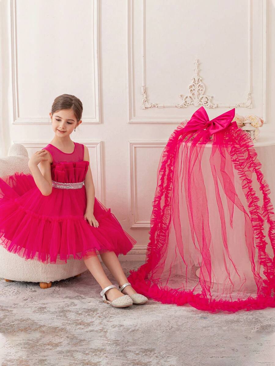Young Girl's Elegant Butterfly Net Mesh Trailing Dress, Suitable For Graduation Party, Ceremony, Princess Gown - Hot Pink - View 1