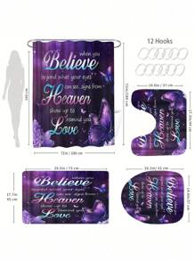 1/4 pièces Rideau de douche avec papillon violet de la Saint-Valentin, ensemble de salle de bain, rideau de douche avec motif floral et citations inspirantes, galaxie (avec tapis), rideau de douche romantique moderne (avec ensemble de tapis de bain et 12 crochets), décoration et accessoires de salle de bain, retour à l'école