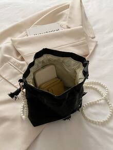 时尚优雅珍珠链迷你水桶包 - 黑色 - 查看 5