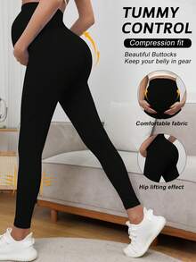 Pregnant Women High Waist Elastic Solid Color Leggings, Suitable For Casual Daily Wear