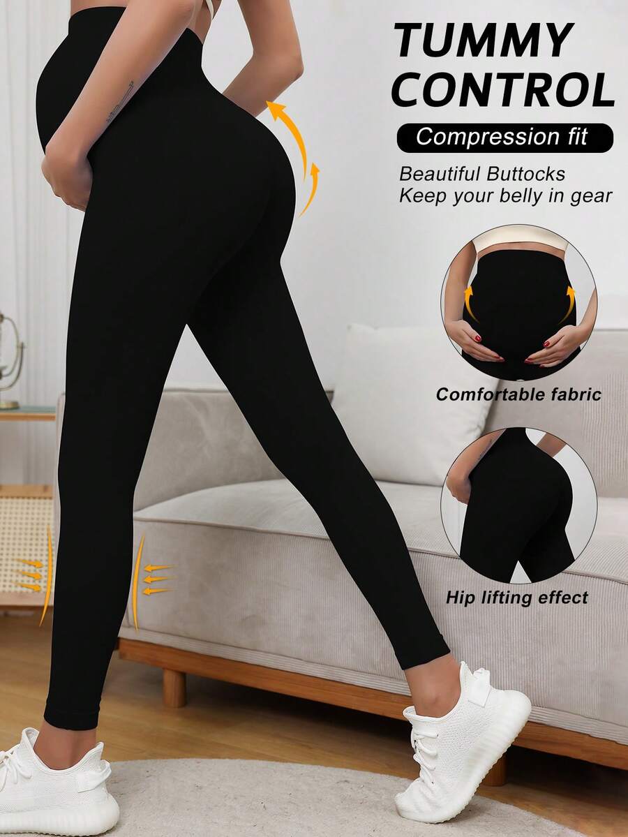 Pregnant Women High Waist Elastic Solid Color Leggings, Suitable For Casual Daily Wear