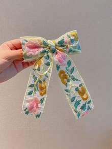 1pc Cute Sweet Floral Embroidery Bow Ribbon Hair Clip, Suitable For Daily Wear, A Gift For Girlfriends, Hair Accessory, Summer Accessories, Travel, Claw Clips, Clips For Hair, Hair Slide, Hair Claws