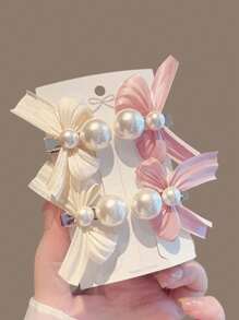 Set de 4 pinzas para el pelo con lazo blanco y rosa, pinzas laterales con perlas para niñas, accesorios para el cabello