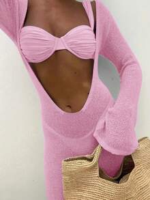 FOR BEAUTY Women's New Arrival Spring/Summer: Peach Pink Fitted Waist Hollow-Out Deep V-Neck Knit Maxi Dress, Suitable For Beach, Seaside, Swimming - Light Peach Pink - View 2