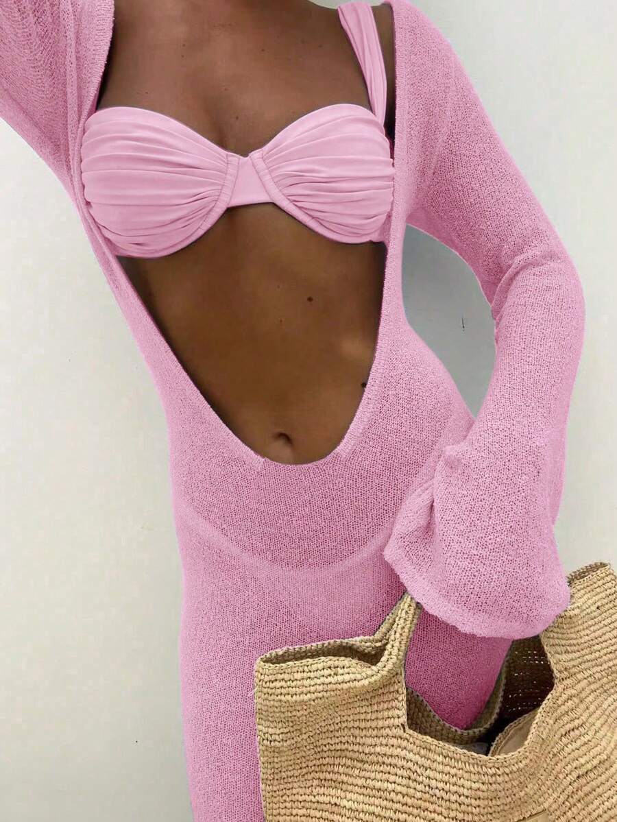 Women Spring Summer Pink V Neck Cut Out Slim Knit Long Dress Crochet Beach Cover Up Tummy Control Loose Sexy Resort Vacation Women Sweater Dresses