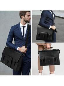 Vintage Leather Messenger Bag For Men - 15.6 Inch Waterproof Laptop Briefcase - Large Satchel Shoulder Bag For Office, Travel & College | Fits Most 15.6" Laptops - 黑色 - 查看 8
