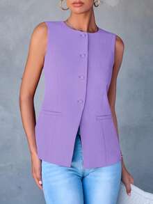 Women's Summer Suit Vest Top Formal Business Casual Sleeveless Button Slimming All Fashion Suit Jacket Vest - 淺紫色 - 查看 5