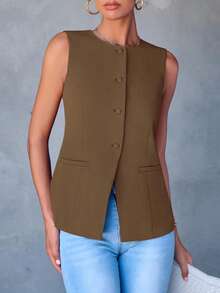 Women's Summer Suit Vest Top Formal Business Casual Sleeveless Button Slimming All Fashion Suit Jacket Vest - 咖啡 - 查看 5